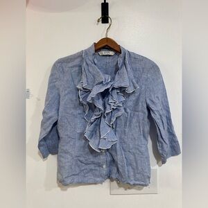 Scapa Linen Ruffle 3/4 Sleeve Blouse Blue Women’s Size 40 Large Designer Peasant